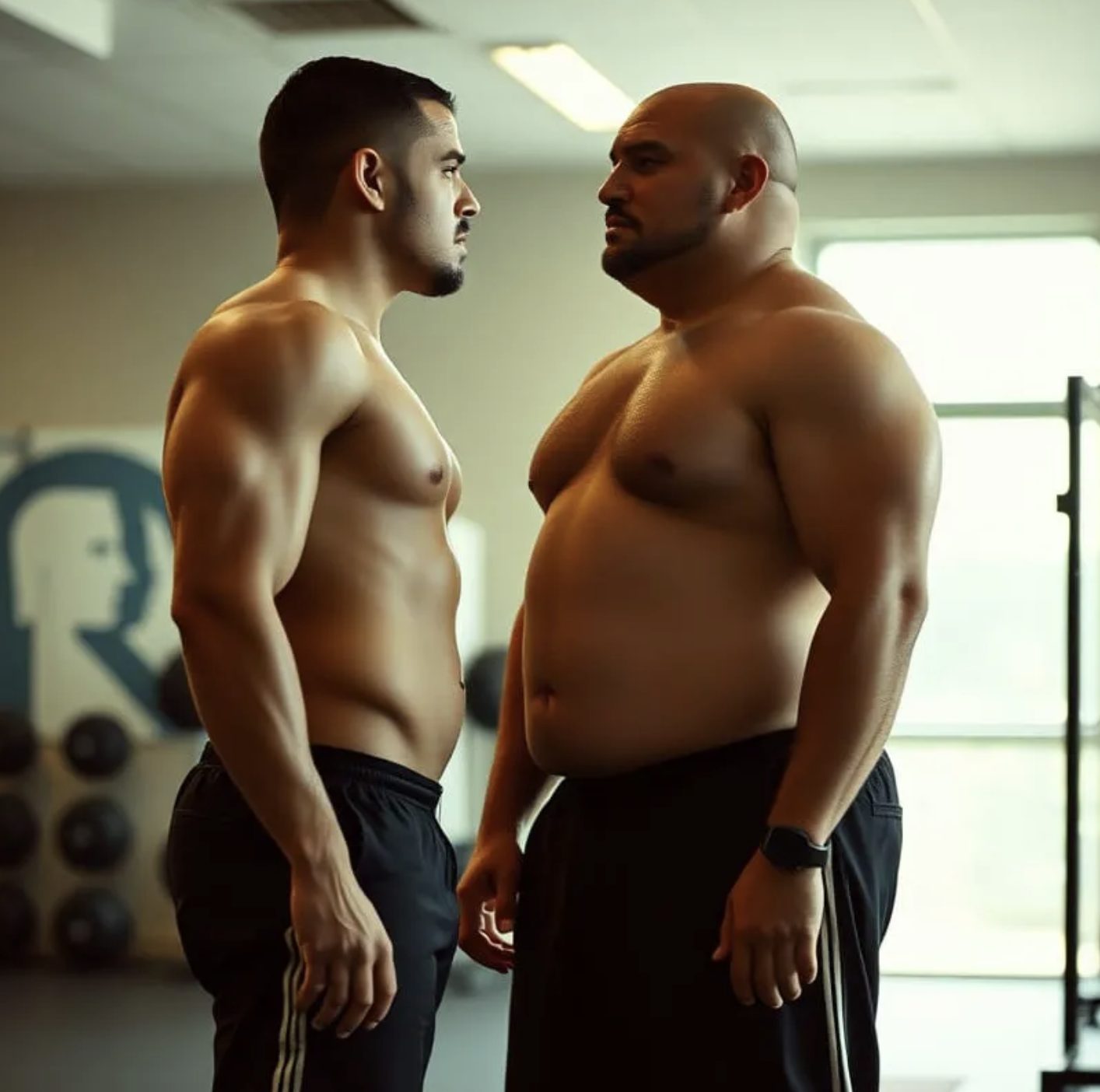 Two men stand facing each other in a gym, showcasing varying body types and muscularity.