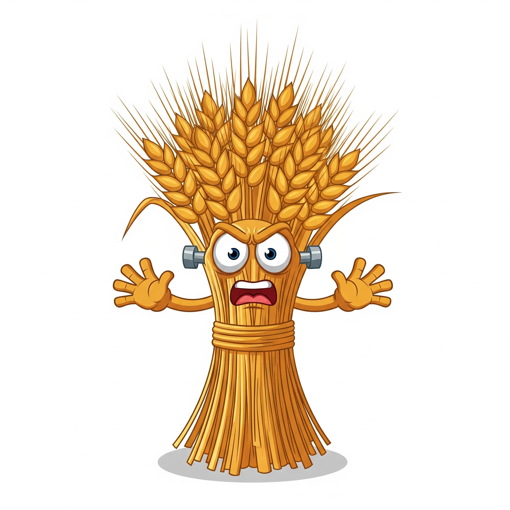 Cartoonish wheat bundle with arms, angry expression, and eyes, surrounded by spikes.
