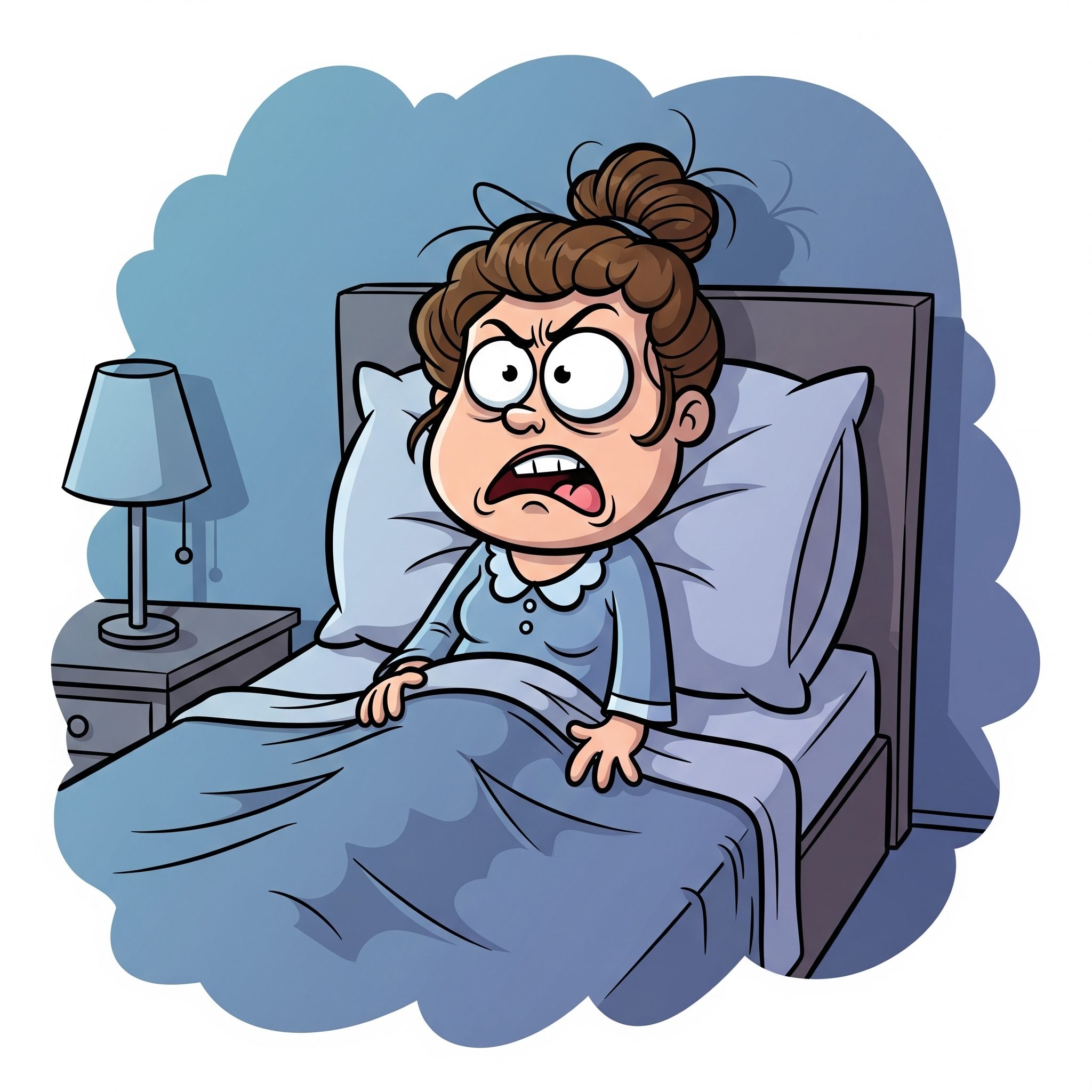 Angry girl sits up in bed, wearing pajamas, with an expression of frustration and surprise.