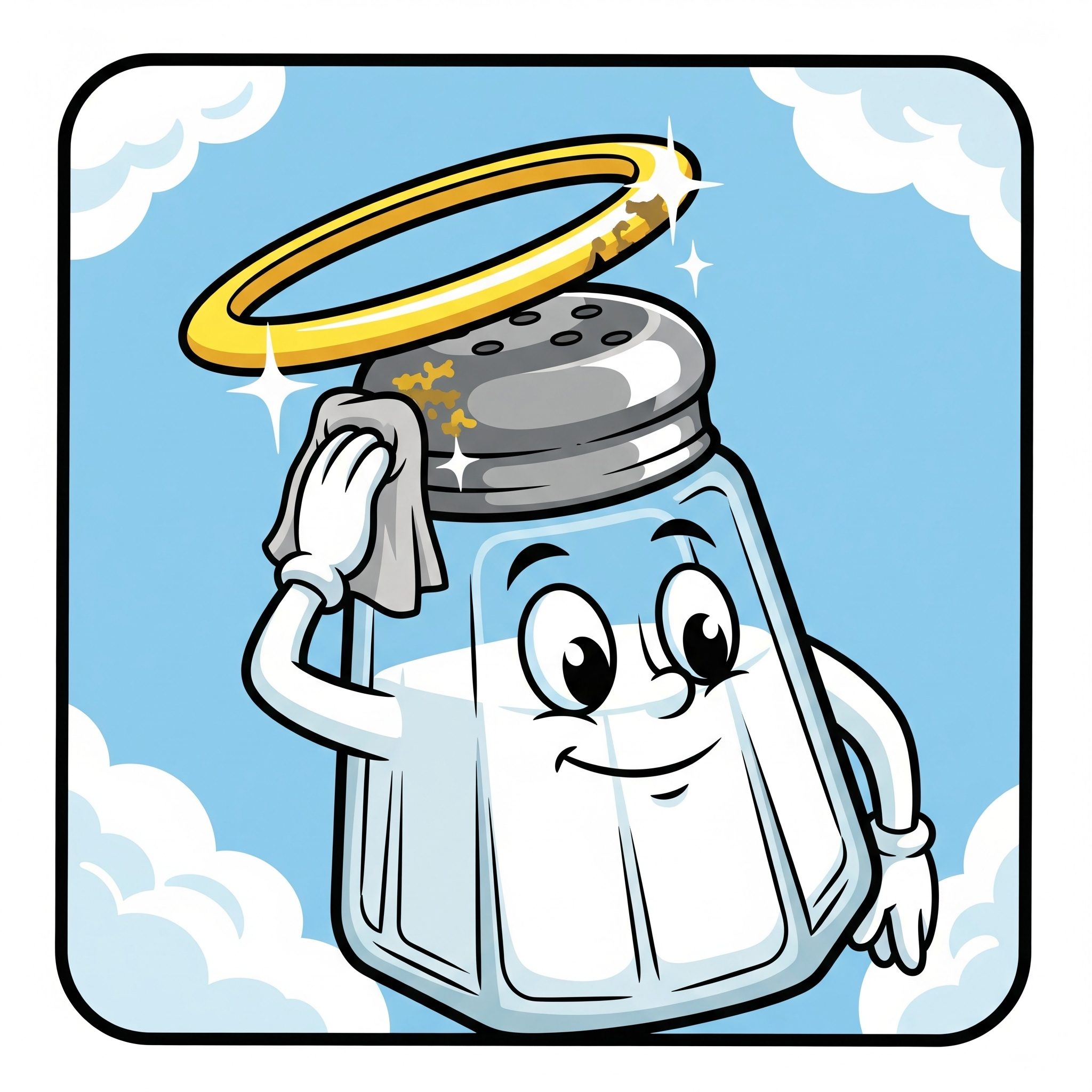 A smiling salt shaker with a halo wipes its lid against a blue sky with white clouds.