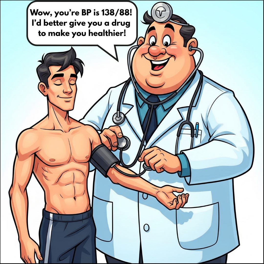 A doctor measures a young man’s blood pressure in a light-hearted cartoon style.