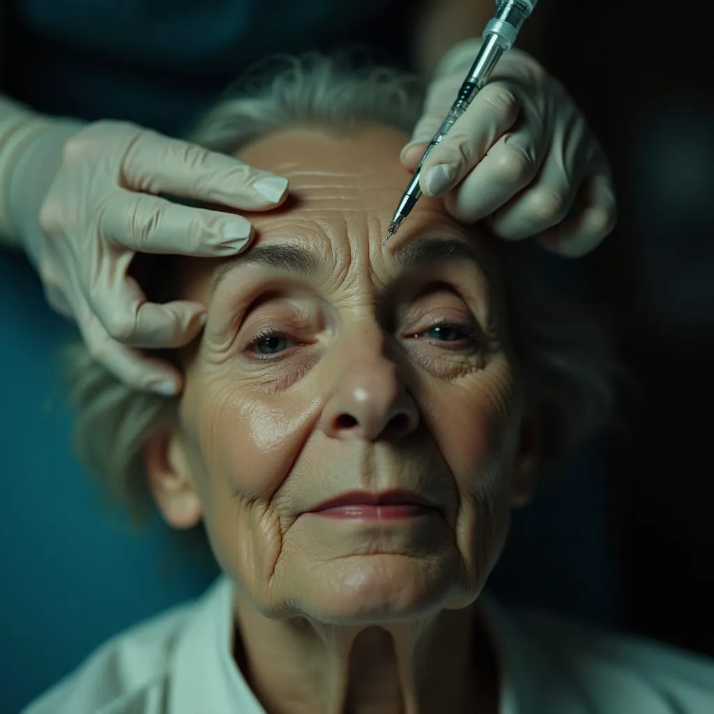 An elderly woman receives a cosmetic treatment, with gloved hands marking her forehead.