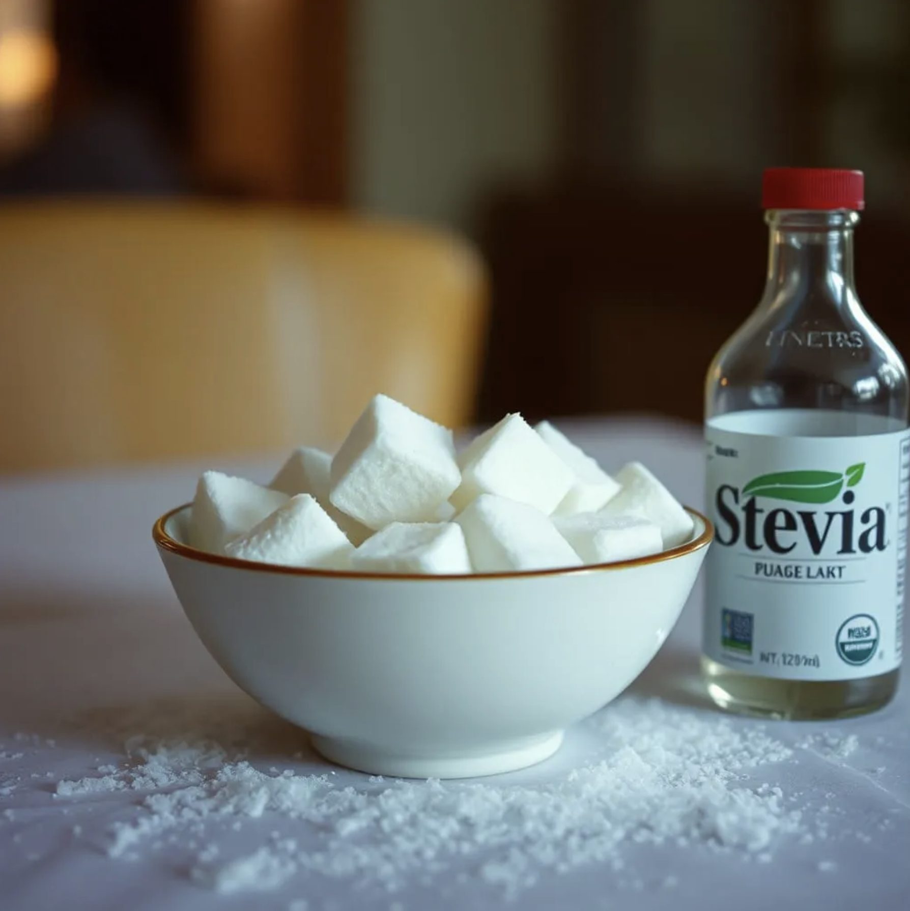 Bowl of white sugar cubes beside a bottle of Stevia on a table with salt scattered around.