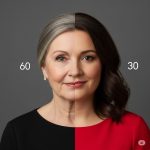 Half of a woman's face shows age differences: one side portrays a 60-year-old, the other 30.