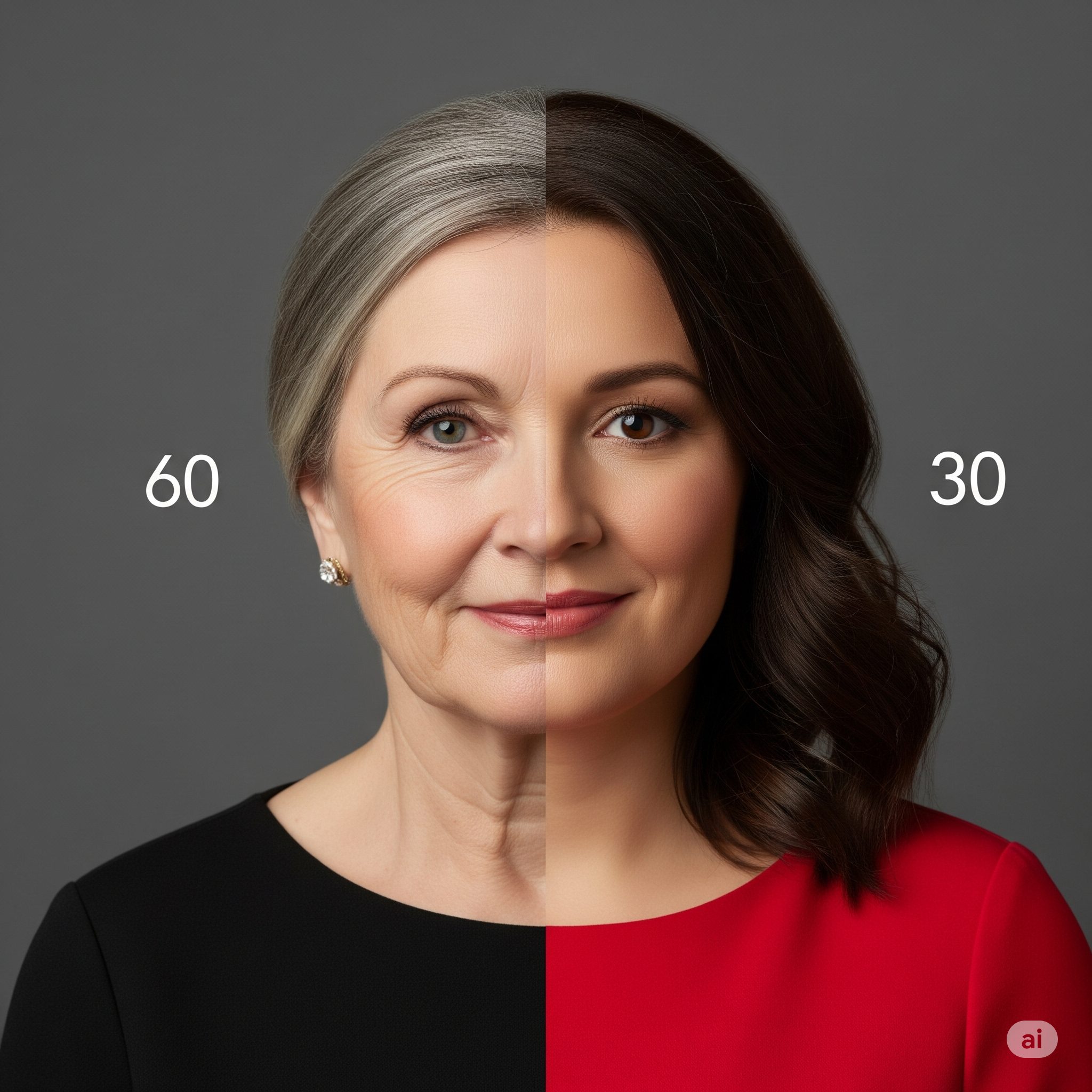 Half of a woman's face shows age differences: one side portrays a 60-year-old, the other 30.