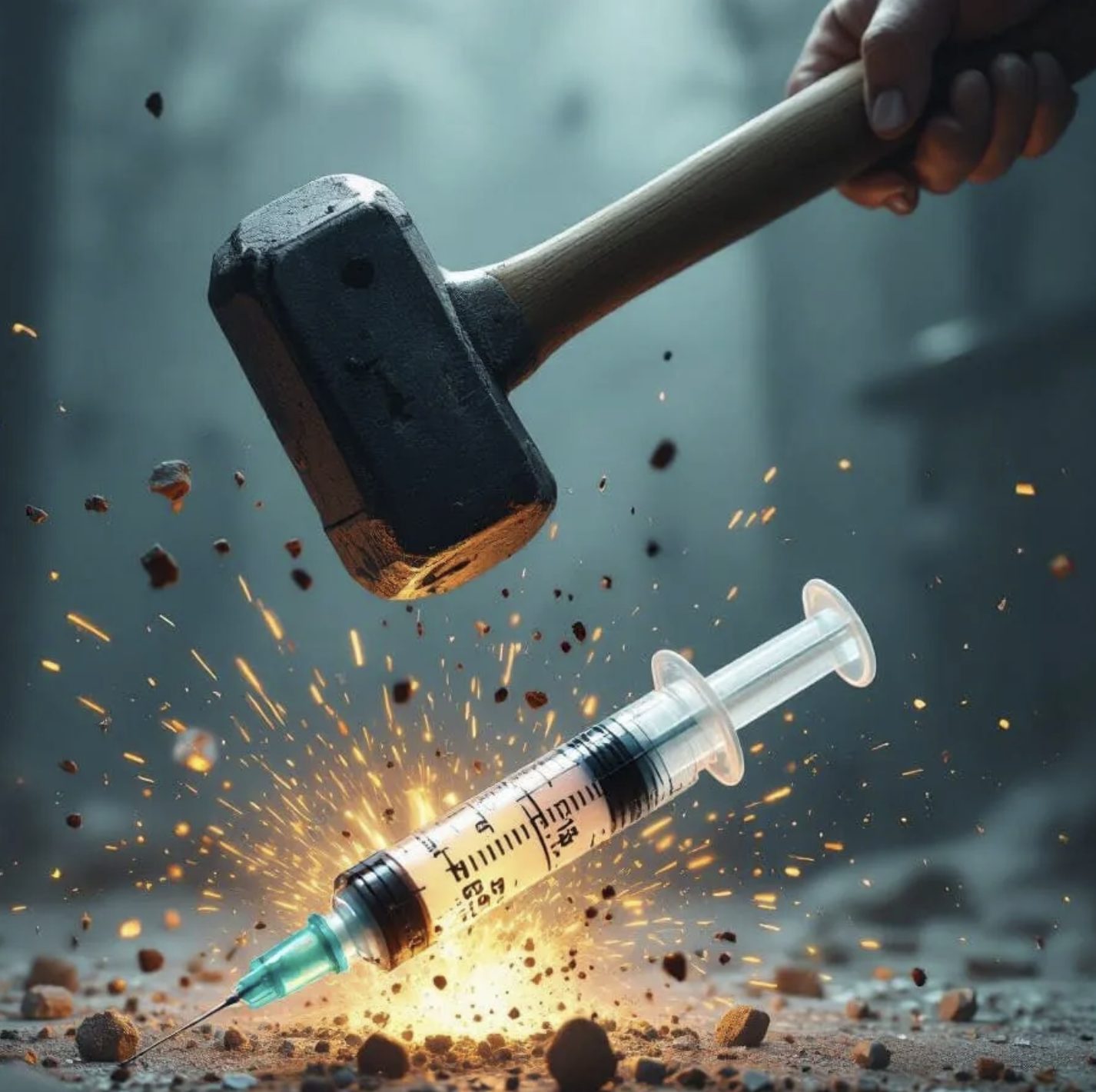 A mallet strikes a syringe, causing sparks and debris to fly in a dimly lit setting.